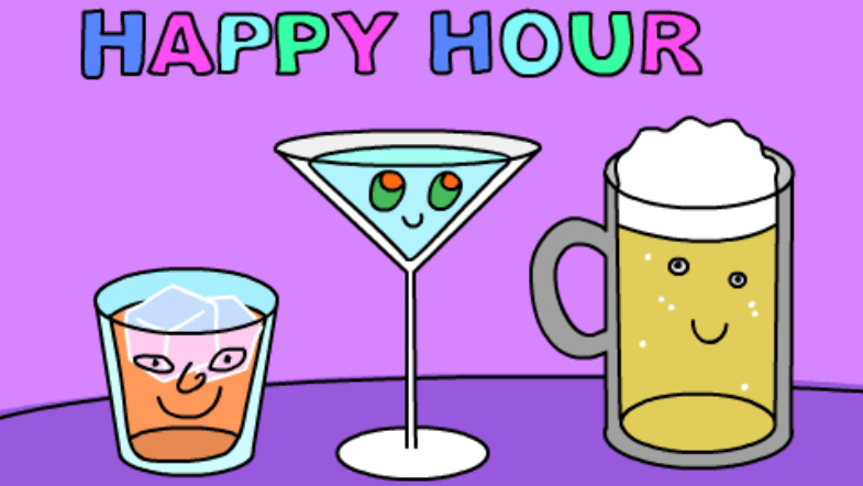 "Happy Hour": 3 cartoon alcoholic beverages smile, as if not knowing they will soon be consumed
