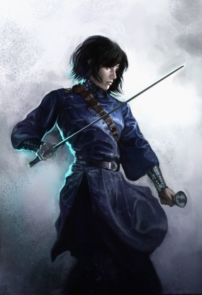 Sabriel is a young woman with a blue outfit standing with a thin sword against a grey hair