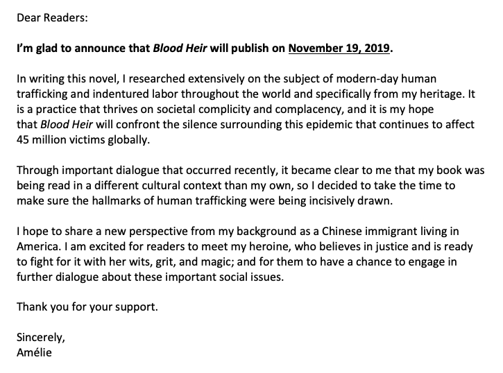 Amélie Wen Zhao's official statement leading up to the book's publication.