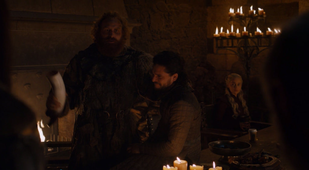 Jon and Tormund with an unhappy Daenerys