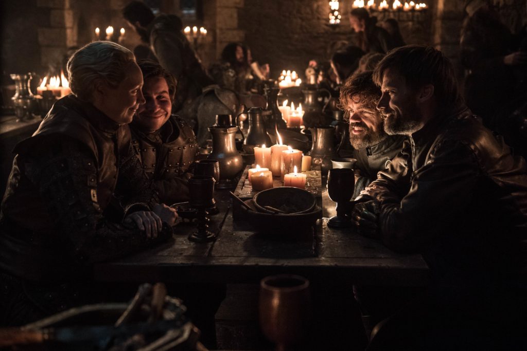Podrick, Brienne, Tyrion, and Jaime play a drinking game