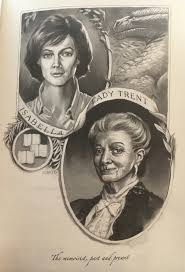 A black and white photograph of Lady Trent, both older and young