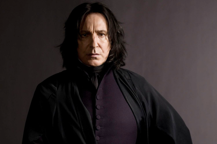 Severus Snape standing in black cloak against a purple background