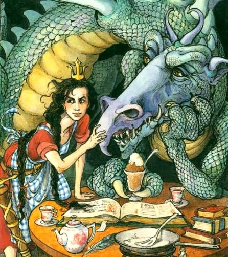 A princess and a dragon stand side by side as they have tea and cake