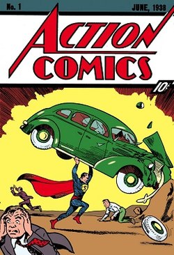 Superman, in the famous cover to Action Comics #1, raises a car over his head and smashes it against a boulder as men around him flee