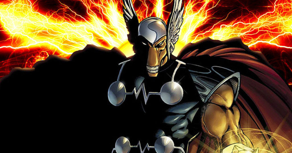 Beta Ray Bill stands in front of a turbulent, stormy background with a hammer