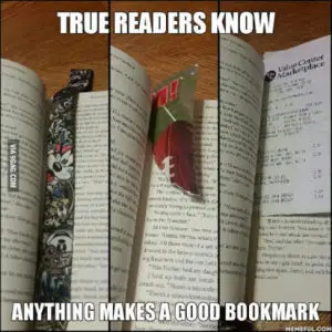 Paper, receipt, and lanyard used as bookmarks in books