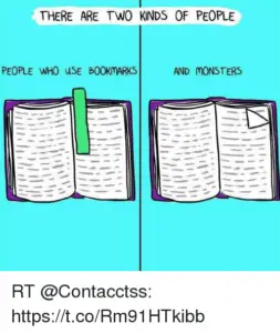 Meme of book with bookmark vs. book with folded page