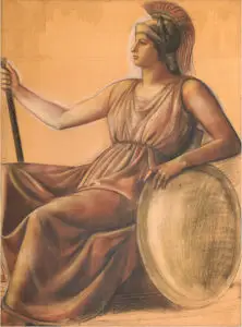 Painting of Athena with spear and shield
