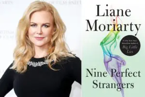 photo of Nicole Kidman alongside nine perfect strangers book cover