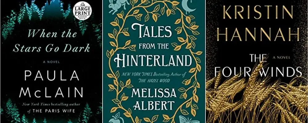 Book covers of Tales From the Hinterland, When the Stars Go Dark, and The Four Winds