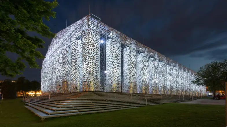 A Parthenon Replica Decorated With Banned Books